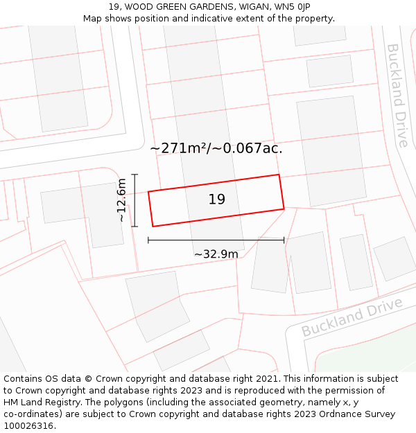 19, WOOD GREEN GARDENS, WIGAN, WN5 0JP: Plot and title map