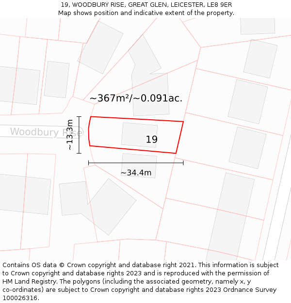 19, WOODBURY RISE, GREAT GLEN, LEICESTER, LE8 9ER: Plot and title map