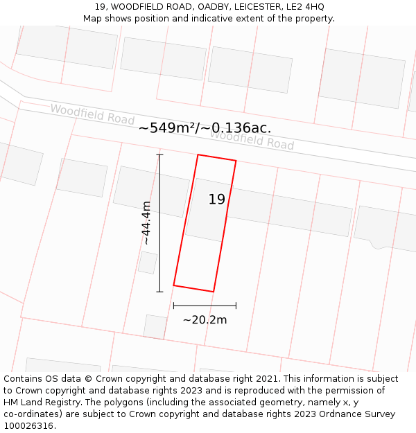 19, WOODFIELD ROAD, OADBY, LEICESTER, LE2 4HQ: Plot and title map