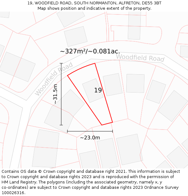 19, WOODFIELD ROAD, SOUTH NORMANTON, ALFRETON, DE55 3BT: Plot and title map