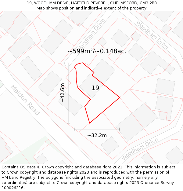 19, WOODHAM DRIVE, HATFIELD PEVEREL, CHELMSFORD, CM3 2RR: Plot and title map