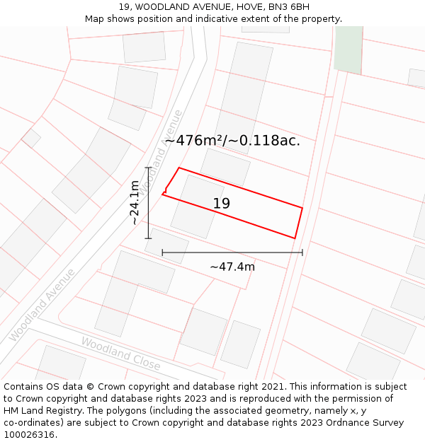 19, WOODLAND AVENUE, HOVE, BN3 6BH: Plot and title map