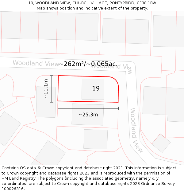 19, WOODLAND VIEW, CHURCH VILLAGE, PONTYPRIDD, CF38 1RW: Plot and title map