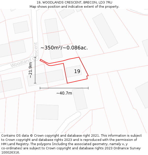 19, WOODLANDS CRESCENT, BRECON, LD3 7RU: Plot and title map