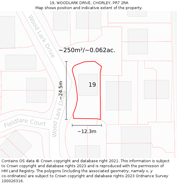 19, WOODLARK DRIVE, CHORLEY, PR7 2RA: Plot and title map