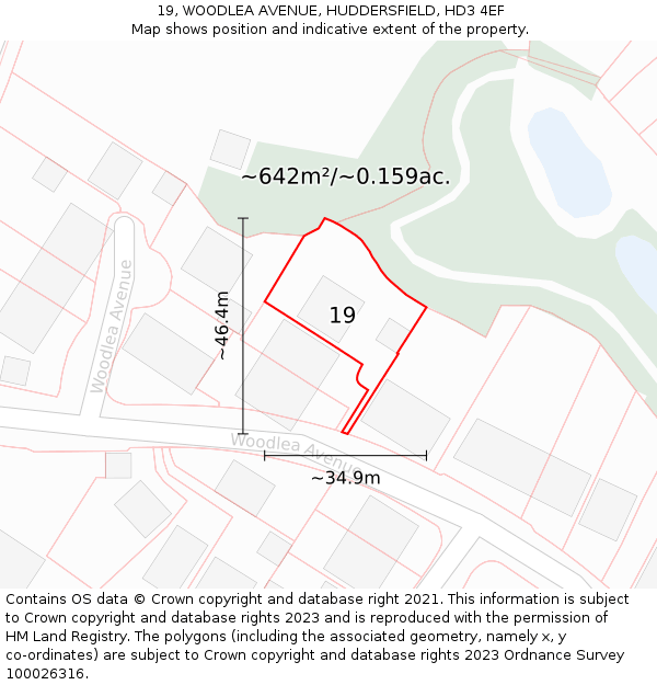 19, WOODLEA AVENUE, HUDDERSFIELD, HD3 4EF: Plot and title map