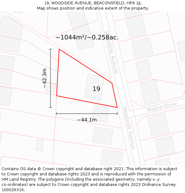 19, WOODSIDE AVENUE, BEACONSFIELD, HP9 1JL: Plot and title map