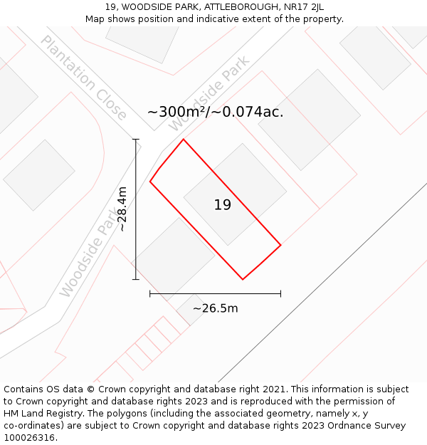 19, WOODSIDE PARK, ATTLEBOROUGH, NR17 2JL: Plot and title map