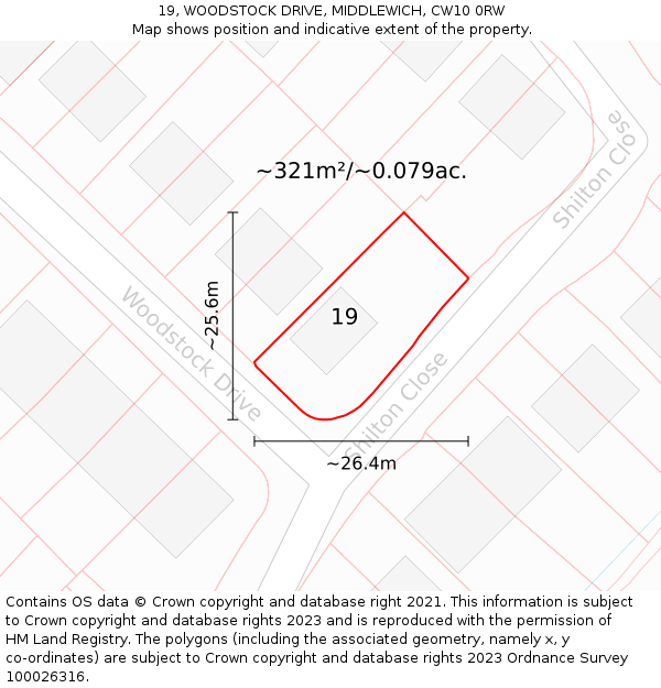 19, WOODSTOCK DRIVE, MIDDLEWICH, CW10 0RW: Plot and title map