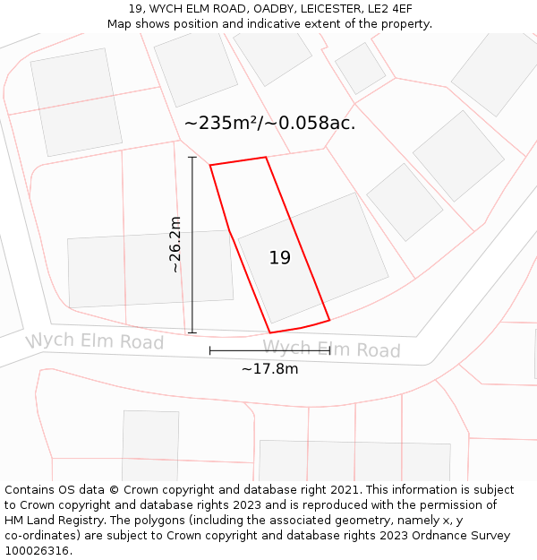19, WYCH ELM ROAD, OADBY, LEICESTER, LE2 4EF: Plot and title map