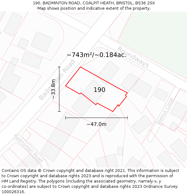 190, BADMINTON ROAD, COALPIT HEATH, BRISTOL, BS36 2SX: Plot and title map