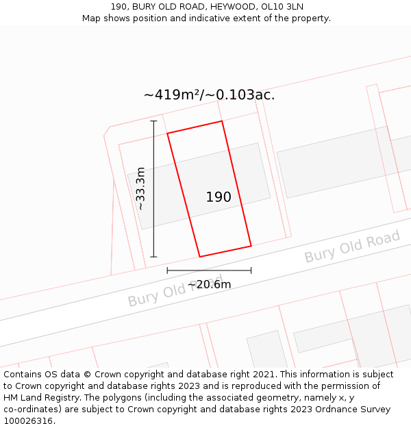 190, BURY OLD ROAD, HEYWOOD, OL10 3LN: Plot and title map