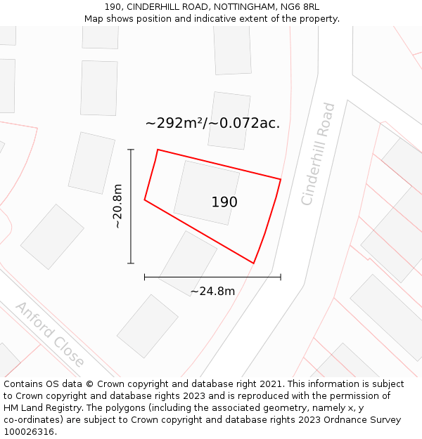 190, CINDERHILL ROAD, NOTTINGHAM, NG6 8RL: Plot and title map