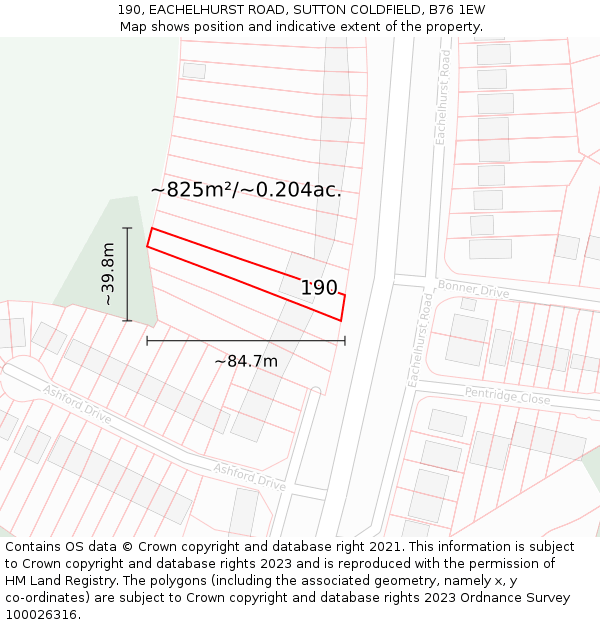 190, EACHELHURST ROAD, SUTTON COLDFIELD, B76 1EW: Plot and title map