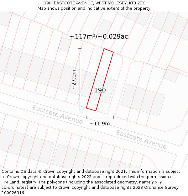 190, EASTCOTE AVENUE, WEST MOLESEY, KT8 2EX: Plot and title map