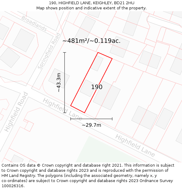 190, HIGHFIELD LANE, KEIGHLEY, BD21 2HU: Plot and title map