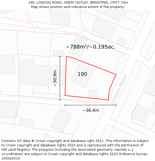 190, LONDON ROAD, GREAT NOTLEY, BRAINTREE, CM77 7QH: Plot and title map