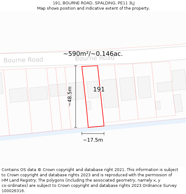 191, BOURNE ROAD, SPALDING, PE11 3LJ: Plot and title map