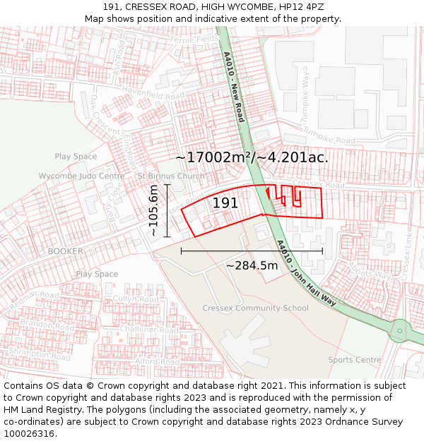 191, CRESSEX ROAD, HIGH WYCOMBE, HP12 4PZ: Plot and title map