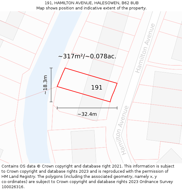 191, HAMILTON AVENUE, HALESOWEN, B62 8UB: Plot and title map