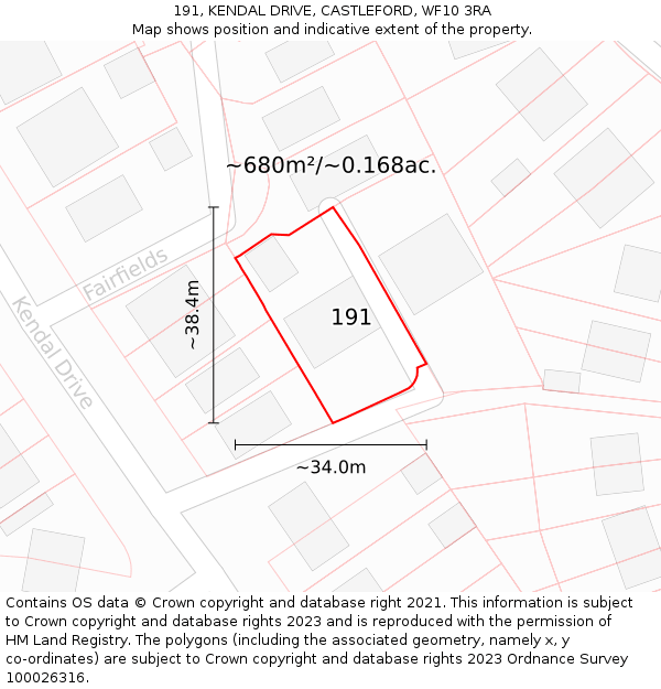 191, KENDAL DRIVE, CASTLEFORD, WF10 3RA: Plot and title map