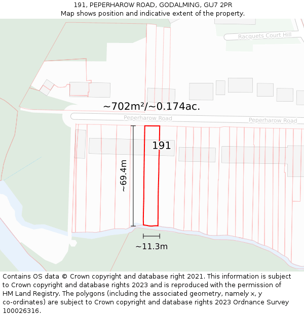 191, PEPERHAROW ROAD, GODALMING, GU7 2PR: Plot and title map