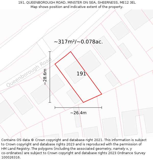 191, QUEENBOROUGH ROAD, MINSTER ON SEA, SHEERNESS, ME12 3EL: Plot and title map