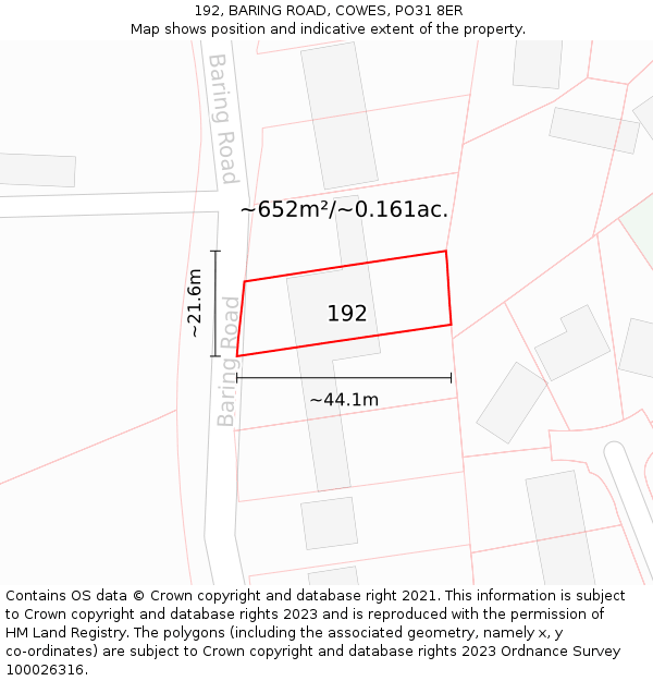 192, BARING ROAD, COWES, PO31 8ER: Plot and title map