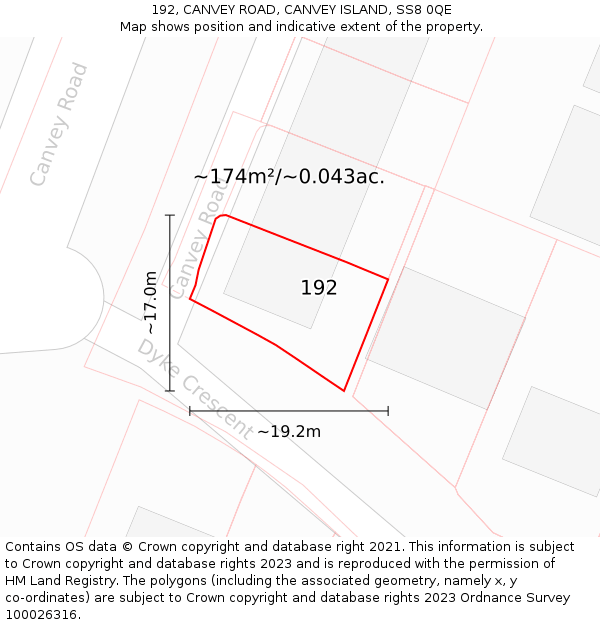 192, CANVEY ROAD, CANVEY ISLAND, SS8 0QE: Plot and title map