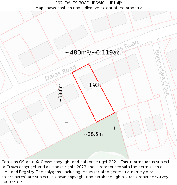192, DALES ROAD, IPSWICH, IP1 4JY: Plot and title map