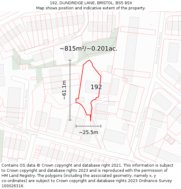 192, DUNDRIDGE LANE, BRISTOL, BS5 8SX: Plot and title map
