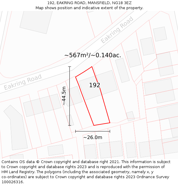192, EAKRING ROAD, MANSFIELD, NG18 3EZ: Plot and title map