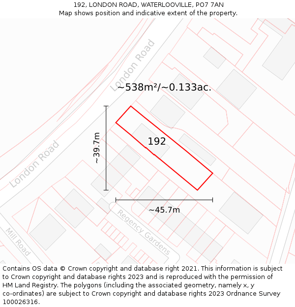 192, LONDON ROAD, WATERLOOVILLE, PO7 7AN: Plot and title map