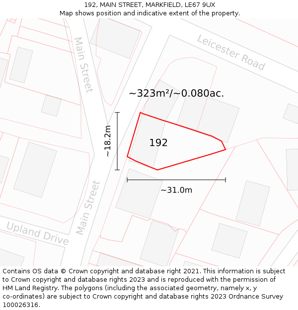 192, MAIN STREET, MARKFIELD, LE67 9UX: Plot and title map