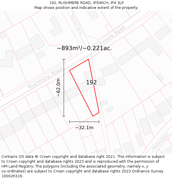 192, RUSHMERE ROAD, IPSWICH, IP4 3LP: Plot and title map
