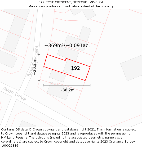 192, TYNE CRESCENT, BEDFORD, MK41 7YL: Plot and title map