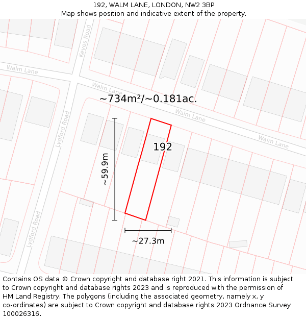 192, WALM LANE, LONDON, NW2 3BP: Plot and title map