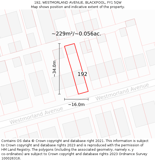 192, WESTMORLAND AVENUE, BLACKPOOL, FY1 5QW: Plot and title map