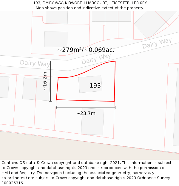 193, DAIRY WAY, KIBWORTH HARCOURT, LEICESTER, LE8 0EY: Plot and title map