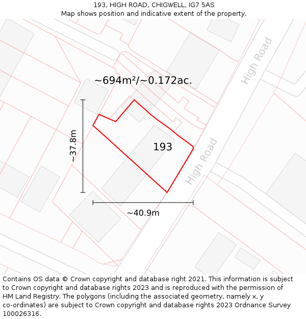 193, HIGH ROAD, CHIGWELL, IG7 5AS: Plot and title map