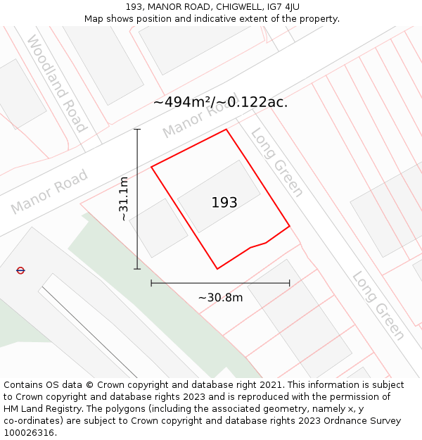 193, MANOR ROAD, CHIGWELL, IG7 4JU: Plot and title map