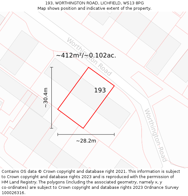 193, WORTHINGTON ROAD, LICHFIELD, WS13 8PG: Plot and title map