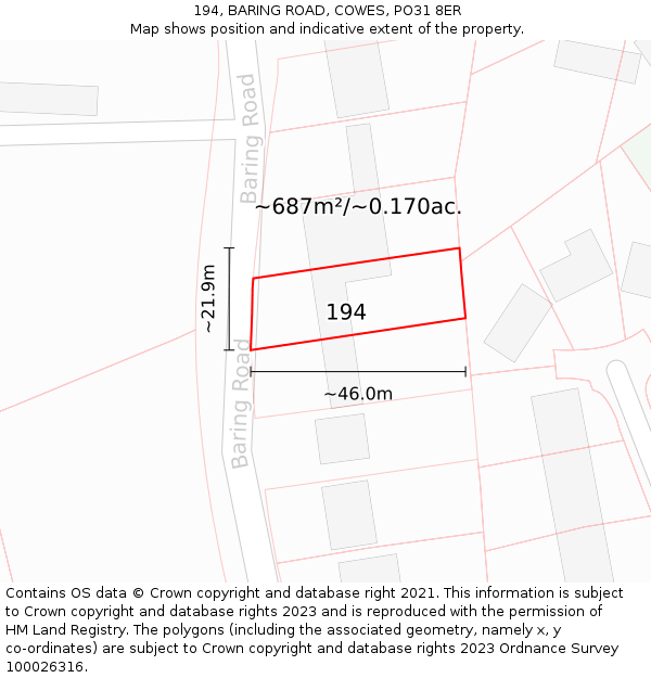 194, BARING ROAD, COWES, PO31 8ER: Plot and title map