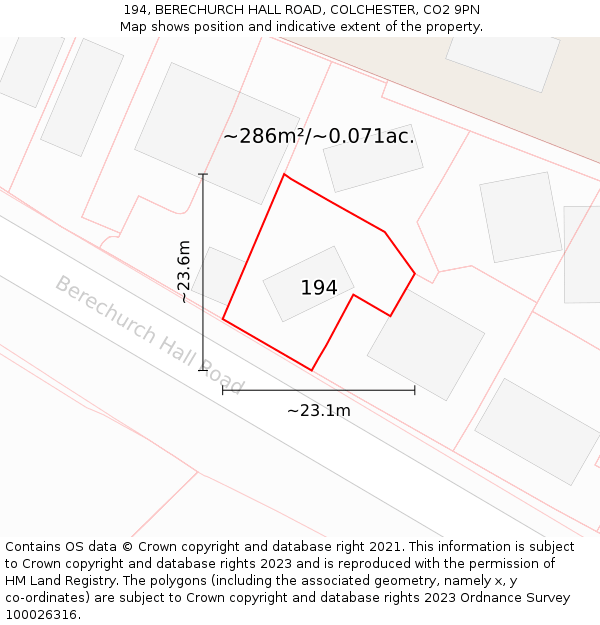 194, BERECHURCH HALL ROAD, COLCHESTER, CO2 9PN: Plot and title map