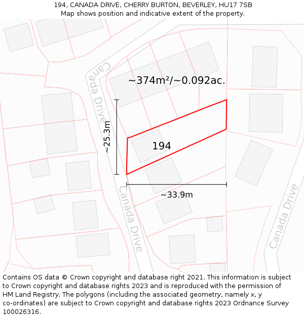 194, CANADA DRIVE, CHERRY BURTON, BEVERLEY, HU17 7SB: Plot and title map