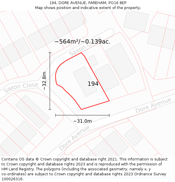 194, DORE AVENUE, FAREHAM, PO16 8EP: Plot and title map