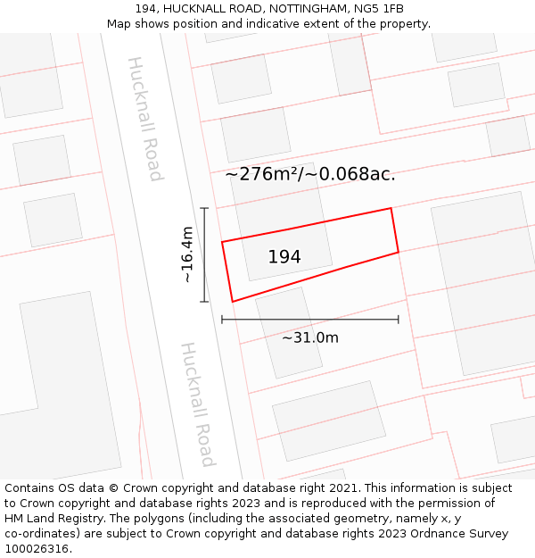 194, HUCKNALL ROAD, NOTTINGHAM, NG5 1FB: Plot and title map