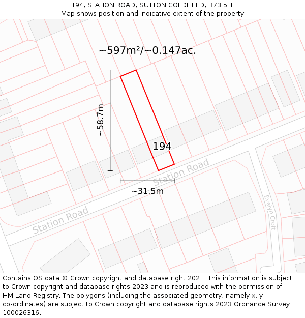 194, STATION ROAD, SUTTON COLDFIELD, B73 5LH: Plot and title map