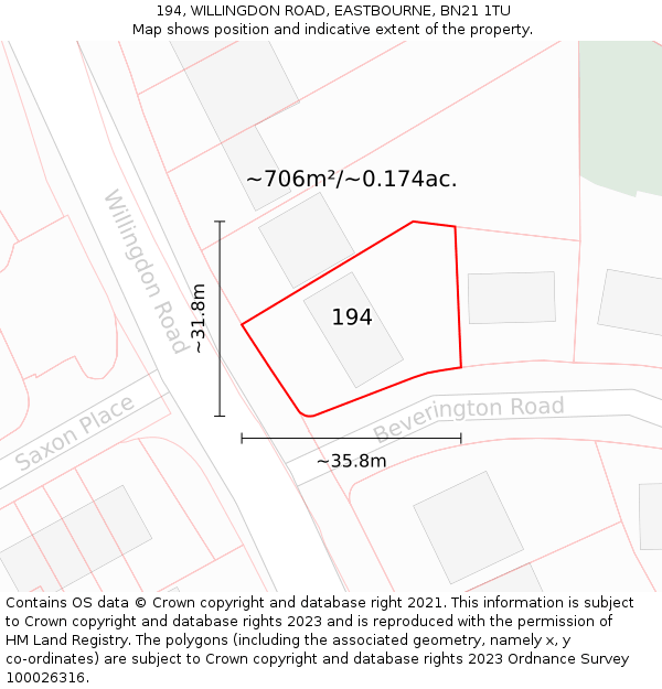 194, WILLINGDON ROAD, EASTBOURNE, BN21 1TU: Plot and title map