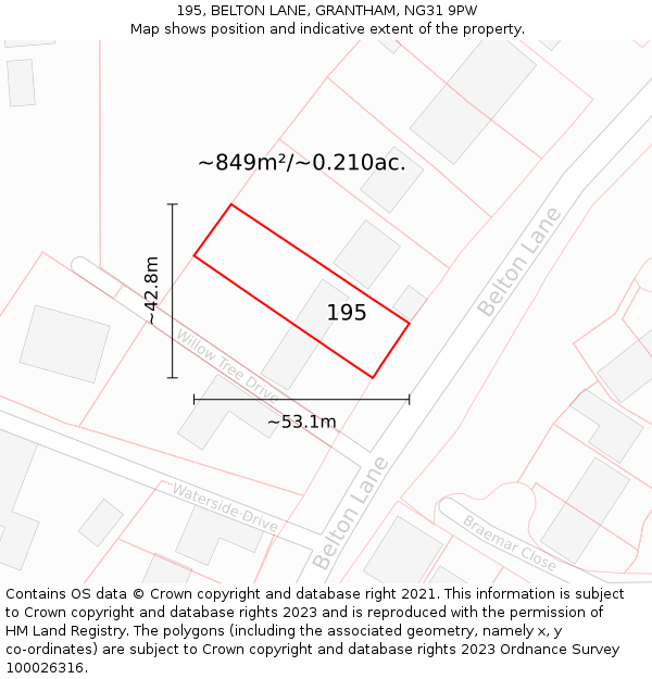 195, BELTON LANE, GRANTHAM, NG31 9PW: Plot and title map